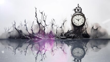 white background with illustration of surreal clock melting portrayed in smoky elegance. seamless looping overlay 4k virtual video animation background  - Powered by Adobe