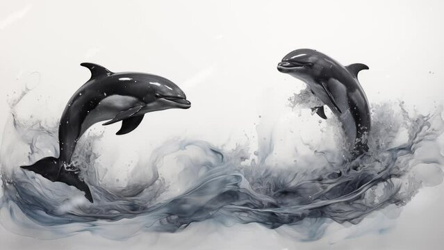 white background with illustration of playful dolphins portrayed in smoky tendrils abstract. seamless looping overlay 4k virtual video animation background 