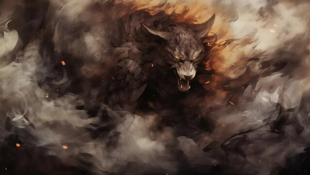 mythical griffin materializing through smoke abstract. seamless looping overlay 4k virtual video animation background 