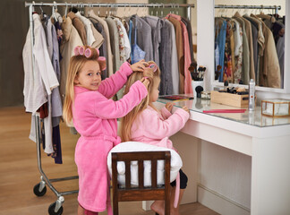 Girls, home and portrait with makeup, hairstyle and happiness with holiday and bonding together. Beauty, bedroom or sisters with fun or vacation with grooming and childhood with weekend break or kids