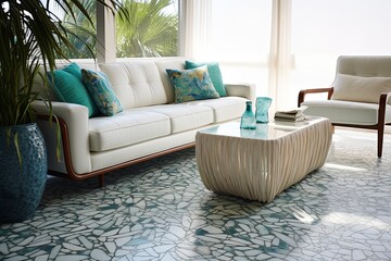 Terrazzo Flooring Coastal Sofa Rug Interior Setup: Seamless Blend of Coastal Elegance