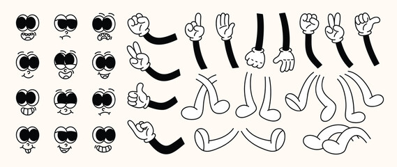 Set of 70s groovy comic faces vector. Collection of cartoon character faces, leg, hand in different emotions happy, angry, sad, cheerful. Cute retro groovy hippie illustration for decorative, sticker.