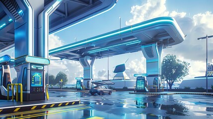 Fototapeta premium Futuristic gas station, kiosks mounted on pillars and robotic arms that automatically refuel cars, daytime with a clear blue sky, well-indicated transit routes for cars, serenity in technological evol