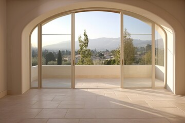 Travertine Tile Flooring Ideas: Serene Villa View with Big Window Accent