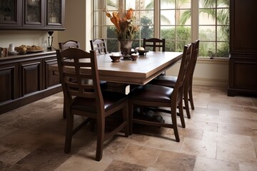 Travertine Tile Flooring Ideas: Roomy Dining Room Slab Table Inspiration