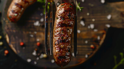 Delicious sausage in fork - obrazy, fototapety, plakaty