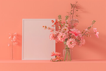 blank white frame with copy space leaning against the pastel orange wall, decorated with Beautiful bouquet of pink flowers in a glass vase