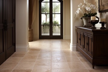 Travertine Tile Flooring Ideas: Rustic Beige Stucco Wall Touch