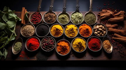 Vibrant Array of Cooking Herbs and Spices Against a Rich Dark Background: Elevate Your Culinary Creations - obrazy, fototapety, plakaty