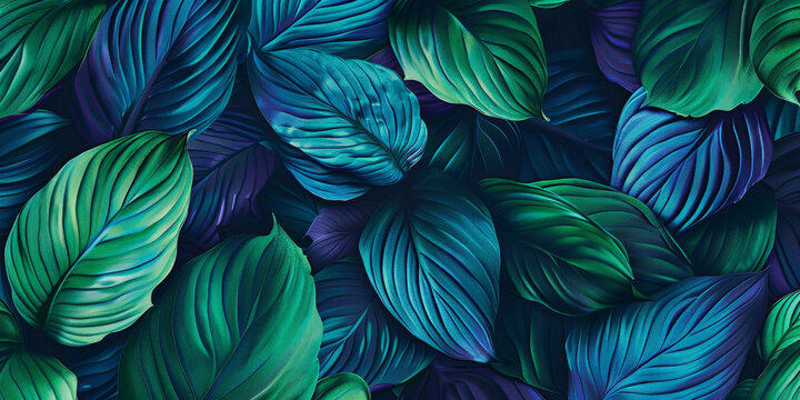 green and blue tropical leaves on dark background wallpaper,banner © Nice Seven