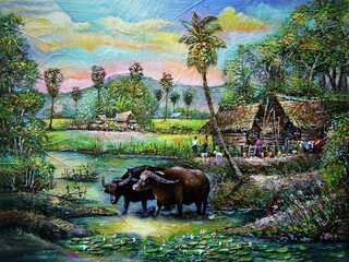 hand painted original impressionism oil painting fine art  plowman  thailand countryside	