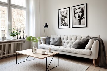 Scandinavian Minimalist Living Room Designs with Tufted Sofa on White Walls