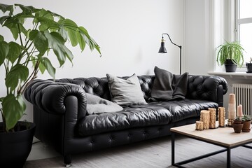 Tufted Sofa Living Room Designs: Nordic Simplicity with Black Sofa and Indoor Plants