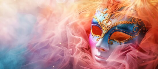 Mardi gras carnival mask on pastel background copy space. benatska maska on abstract background, Generative AI - obrazy, fototapety, plakaty