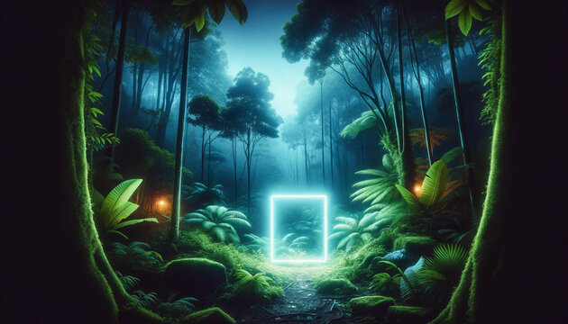 Neon glowing rectangle frame light placed in the midst of a tropical forest at night. AI-generated