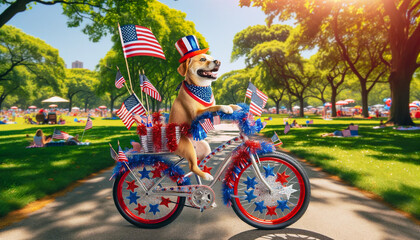 Dog riding a bicycle festively decorated with American flags, streamers in red, white, and blue, and sparkly decorations to celebrate the 4th of July.