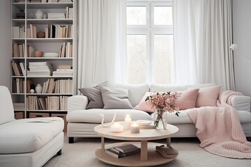Vintage Leather Lounge Ideas: Nordic Touch with White Curtains and Pastel Accents