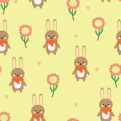 Seamless pattern with cute cartoon rabbits and flowers for fabric print, textile, gift wrapping paper. children's colorful vector, flat style