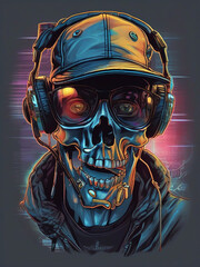 A skeleton with a skull in a baseball cap in a leather jacket and headphones, listens to music. Dark dramatic lighting and neon lights.