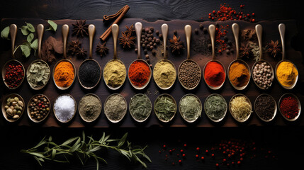 Vibrant Array of Cooking Herbs and Spices Against a Rich Dark Background: Elevate Your Culinary Creations