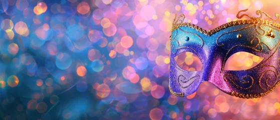 Tuinposter Mardi Gras mask lying on a velvet surface, surrounded by scattered colorful beads and feathers, carnival mask on bokeh background. Generative AI © Penatic Studio