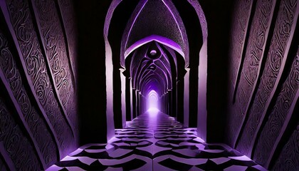 background with light wallpaper man with spear standing in front of the hallway leading to the mysterious castle, digital art style, illustration painting - obrazy, fototapety, plakaty