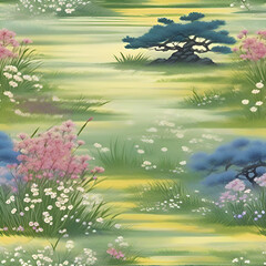 Fototapeta na wymiar Spring wildflower meadow landscape with a traditional Japanese style.