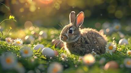 Fototapeta na wymiar Easter eggs and cute bunny in green grass. Festive decoration