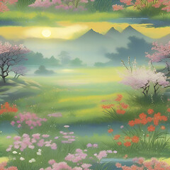 Fototapeta na wymiar Spring wildflower meadow landscape with a traditional Japanese style.