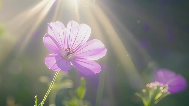 A solitary purple flower surrounded by a halo of gentle sunlight a perfect image of tranquility.