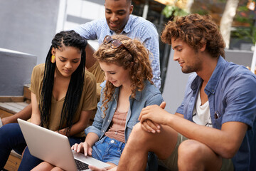 Laptop, education and group of students on university or school campus together for learning or...