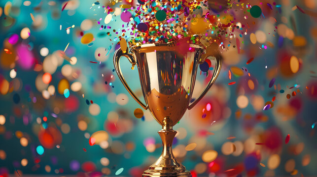 A gleaming gold winners trophy cup takes center stage, surrounded by a festive explosion of colorful celebration confetti and sparkling glitter, symbolizing victory and success in a competition.