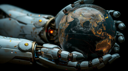 Two robot hands with miniature earth. The concept of easy defense or invasion.