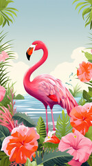 Flamingo bright background with colorful flowers
