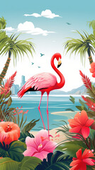 Obraz premium Flamingo bright background with colorful flowers