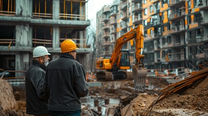Reflective Worker Overseeing Bustling Construction Site