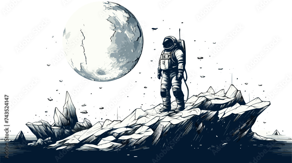 Wall mural abstract astronaut taking the first step onto the moon's surface. simple vector art