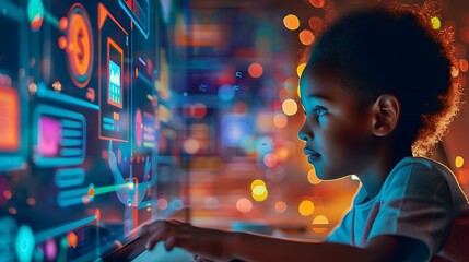 A young girl is captivated by an interactive digital display with colorful graphics in a futuristic setting.