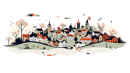 Abstract rural village scene with traditional houses and festive elements. simple Vector art