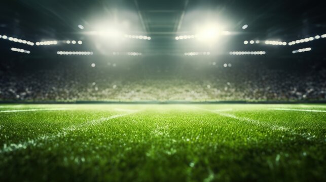 Grass close-up in a football stadium with lights, creating a vibrant sports arena background.