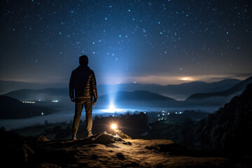 A man stands and looks at the city lights on the mountain at night.