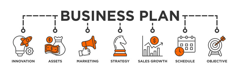 Business plan banner web icon illustration concept with icon of innovation, assets, marketing, strategy, sales growth, schedule, and objective