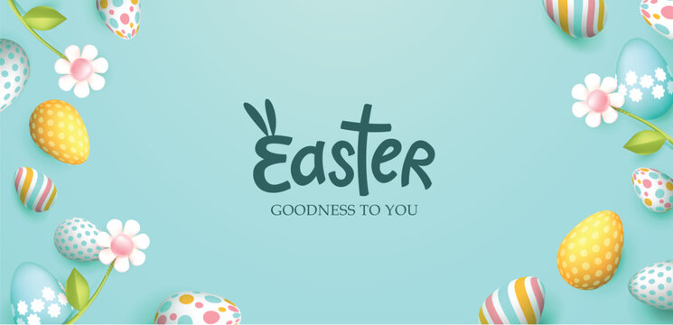 Easter banner with easter eggs frame and spring flowers on pastel
