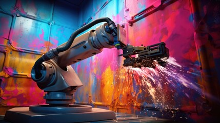 AI technology of E-coat painting in room applying spray painting or power coating, robot arm, painting and coating in motion, Ai technology of painting concept background, AI generated
