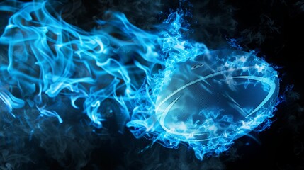 Rugby ball caught in a trail of blue flames against a black smoky backdrop. The illustration presents a dynamic and high-energy concept, symbolic of the intensity of rugby sports.