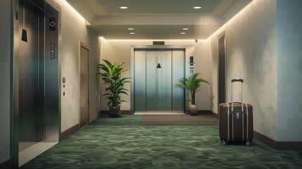 Hotel hallway with a modern elevator door open, and a brown suitcase left unattended near the plants. The decor reflects a welcoming and clean atmosphere typical of hospitality settings. - obrazy, fototapety, plakaty