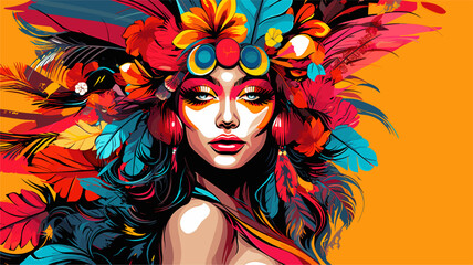 Obraz premium Carnival girl in a vibrant and fringed costume with tropical flower accents. simple Vector art