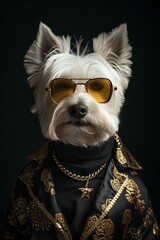 Chien avec des lunettes de soleil et des vêtements humain, portrait sur fond noir drôle et décalé. - obrazy, fototapety, plakaty