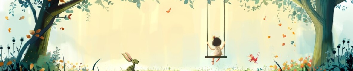 Fairy tale cartoon environment young girl on a swing fantastical creatures playing in a tranquil park © Shutter2U