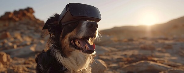 Dog exploring Paleolithic era in VR - obrazy, fototapety, plakaty